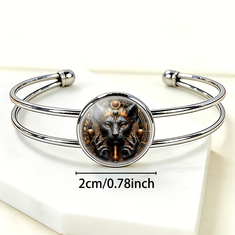 Women's Adjustable Open Bangle with Egyptian Anubis Statue Inlay